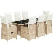vidaXL 9-tlg. Garten-Bistro-Set mit Kissen Beige Poly Rattan