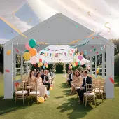 LZQ Pavillon 4x8 Meter mit PE-Dachplane 170g/m² & Fensterscheiben, Verzinkter Stahlrahmen, Grau