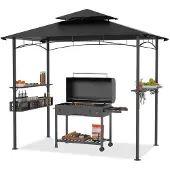 LZQ Grillpavillon mit Doppelschichtdach 245x153x250 cm Wasserabweisend Flammhemmend Schwarz inkl. Stauraumbasket