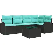 Syfax Gartensofa-set 6 stk. Schwarz und Türkis Poly-Rattan