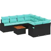 Syfax Gartensofa-set 9 stk. Schwarz und Türkis Poly-Rattan
