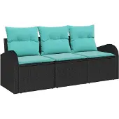 Syfax Garten-Sofa-Set 3 stk. Schwarz und Türkis Poly Rattan