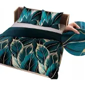 MARKIZETA HOME LEVI - Satin-Bettwäscheset - Flaschengrün mit beigem Blättermuster - 160 x 200 cm