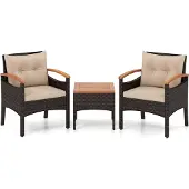 Northix 3-teiliges Rattan-Gartenmöbel-Set mit Akazienholztisch und Kissen