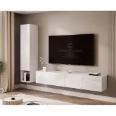 Idohome Hängende Wohnwand ANGEL LINE I mit LED-Beleuchtung, TV-Wand, Wohnzimmermöbel – Weiß Hochglanz