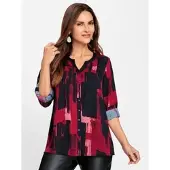 Witt Klassische Bluse "Druck-Bluse Druckbluse mit Krempelärmeln", Damen, Gr. 48, rot (schwarz, rot, bedruckt), Web, Stoff, , Modisch, V-Ausschnitt, Blusen Klassische Bluse