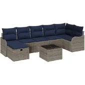 vidaXL Sofa Set mit Kissen Grau und Marineblau Poly-Rattan