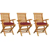 vidaXL Klappstühle mit weinroten Kissen, 3-teilig, Massivholz Teakholz
