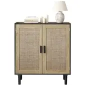 OKWISH Sideboard mit Stauraum, Beistellschrank Doppeltüriges Rattandesign, Flurschrank für Wohnzimmer oder Flur,Schwarz