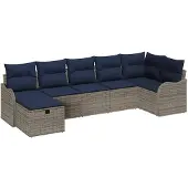 vidaXL Sofa Set mit Kissen Grau und Marineblau Poly-Rattan