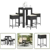 The Living Store 5-tlg. Gartenbar-Set mit Kissen Schwarz Poly Rattan