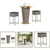 The Living Store 3-tlg. Gartenbar-Set mit Kissen Grau Poly Rattan