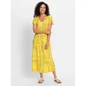 Witt Weiden Sommerkleid WITT "Jersey-Kleid Jerseykleid mit Flügel-Ärmeln", Damen, Gr. 48, N-Gr, gelb (sonnengelb, champagner, bedruckt), Modisch, V-Ausschnitt, Kleider Sommerkleid