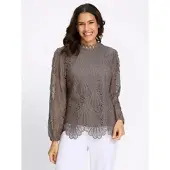Lady Spitzenbluse , Damen, Gr. 52, braun (taupe), 100% Polyester, unifarben, Blusen Spitzenbluse
