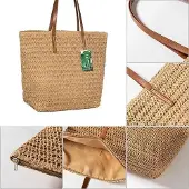OEM Große gewobene Stroh-Sommer-Tasche mit Ledergriff und Reißverschluss