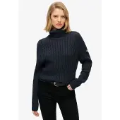 Superdry für Damen. W6110614A Lockerer Zopfmuster-Pullover mit Rollkragen marineblau (L), Lässig, Baumwolle, Langarm
