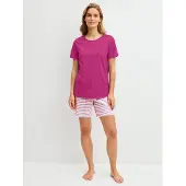 Calida Shorty , Damen, Gr. M (44/46), pink (very berry), Single Jersey, Obermaterial: 100% Baumwolle, bequem kurz, Rundhals, Homewear-Sets Shorty, mit Rundhalsausschnitt, Hose mit Streifen
