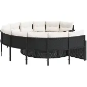 vidaXL Gartensofa mit Tisch und Kissen Rund Schwarz Poly-Rattan