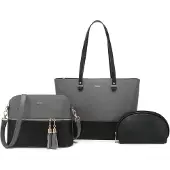 LOVEVOOK Shopper Schultertasche Damen Groß 3-teiliges Set Grau-Schwarz Synthetikleder