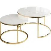 Lookway Runder Couchtisch SELAVI 2in1 Goldchrom / Weiß Marmour
