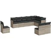 vidaXL 10-tlg. Garten-Sofagarnitur mit Kissen Hellgrau Poly Rattan