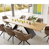 DELIFE Esstisch Edge 260x100x2,5-3 Eiche Natur V-Gestell Flachstahl Schwarz Live-Edge