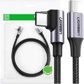 UGREEN Abgewinkeltes USB-C-Stromversorgungskabel 60 W, 20 V, 3 A, 2 m, Schwarz-Grau