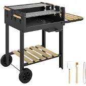 Outsunny Holzkohlegrill Grillwagen mit 4-fach höhenverstellbarer Grillrost