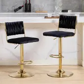 Sonstiges Barhocker 2er Set, drehbar, höhenverstellbar, Samt, geflochtene Lehne, Fußstütze, Schwarz