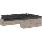 vidaXL 10-tlg. Garten-Sofagarnitur mit Kissen Hellgrau Poly Rattan