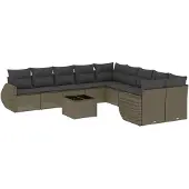 vidaXL 11-tlg. Garten-Sofagarnitur mit Kissen Hellgrau Poly Rattan
