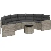 vidaXL Gartensofa mit Tisch und Kissen Halbrund Grau Poly Rattan