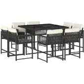 vidaXL 9-tlg. Garten-Essgruppe mit Kissen Schwarz Poly Rattan