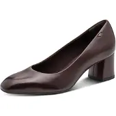Tamaris Pumps , Damen, Gr. 41, Textil, braun (dunkelbraun), Leder, clean, gepflegt, leicht glänzend, festlich, Schuhe Pumps, Blockabsatz, Abendschuh, Businesschuh in modischer Karreeform