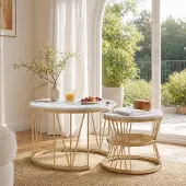 ProximaX Couchtisch Set 2-teilig Rund Weiß Marmoroptik mit Gold Metallgestell