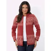 Sieh an! Strickjacke SIEH AN "Jacquard-Strickjacke Jacquardstrickjacke im Norweger-Stil", Damen, Gr. 46, rot (kirsche, ecru, gemustert), Modisch, Strickjacken Strickjacke