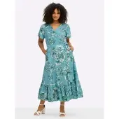 Sheego Wickelkleid BY JOE BROWNS "Kleid Wickelkleid mit Volant am Saum", Damen, Gr. 58, N-Gr, aquamarin, smaragd, gemustert, Elegant, V-Ausschnitt, Kleider Wickelkleid