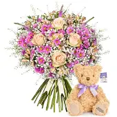 Merkloos Frisches Blumenbouquet Rosa Sommersonate - Elegantes Geschenk mit Kuscheltier