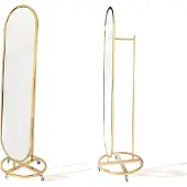 AEA Ovaler Standspiegel in goldenem Metallrahmen auf rundem Sockel mit Rollen
