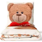 COFI Fleece Bettwäsche Weiß-Beige mit Teddy-Herzmotiv aus 100% Polyester 135x200 cm