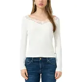 QS Langarmshirt , Damen, Gr. XL (42), weiß, Feinripp, Obermaterial: 100% Baumwolle, unifarben, tailliert hüftbedeckend, V-Ausschnitt, Shirts Langarmshirt, mit Spitzen-V-Ausschnitt