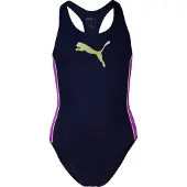 Puma Badeanzug "SWIM GIRLS T7 SWIMSUIT", Jungen, Gr. 116, N-Gr, blau (navy, electric orchid), Obermaterial: 82% Polyester, 18% Elasthan, Badeanzüge Badeanzug, Logoprint vorn