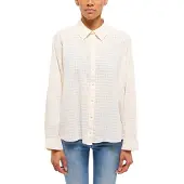 Mustang Langarmbluse "Damen Style Bellflower", Damen, Gr. 40, beige (weiß 2013), Web, 80% Baumwolle, 20% Leinen, kariert, loose fit normal, Blusen Langarmbluse