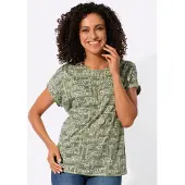 Casual Looks Print-Shirt "Druck-Shirt", Damen, Gr. 36, grün (khaki, ecru, bedruckt), 100% Baumwolle, gemustert, mehrfarbig, Rundhals, Shirts Print-Shirt