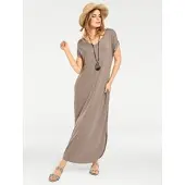 HEINE Jerseykleid "Shirtkleid Maxikleid mit seitlichen Taschen", Damen, Gr. 36, N-Gr, beige (sand), Modisch, V-Ausschnitt, Kleider Jerseykleid