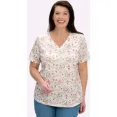 Inspirationen Kurzarmshirt "Shirt", Damen, Gr. 36, rosa (ecru, hellrosé, gemustert), 50% Baumwolle, 50% Modal, geblümt, gemustert, V-Ausschnitt, Shirts Kurzarmshirt