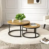Hawthyhome Beistelltisch Set 2 Stück rund Holz mit Metallrahmen Braun 60x45cm & 45x40cm