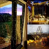 Springos LED-Lichtvorhang 300 Dioden 3x3 m, warmweiß, 8-Funktions-Fernbedienung