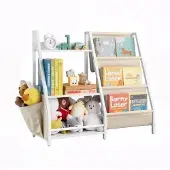 Vevor Kinderbücherregal Spielzeugaufbewahrung für Kleinkinder Bücherregal mit Stofffächern & Seitentasche, Kinderregal für Kinderzimmer Spielzimmer Kindergarten Kinderkrippe 850 x 300 x 755 mm