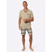 Sieh an! Shorty SIEH AN "Shorty Shorty im Karo-Muster", Herren, Gr. 52, beige (beige, kariert), V-Ausschnitt, Homewear-Sets Shorty